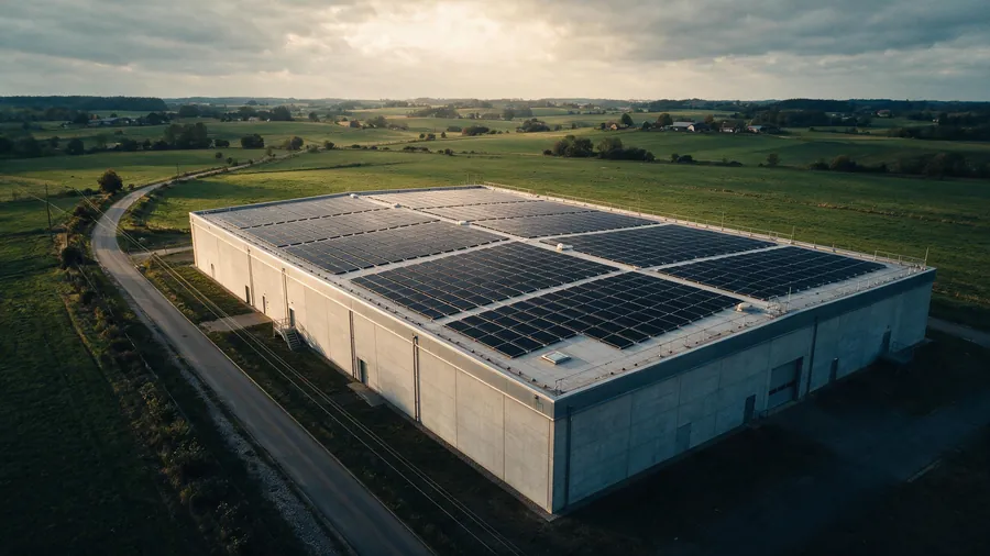 Gewerbehalle mit vollflächig belegtem Flachdach aus Solarmodulen