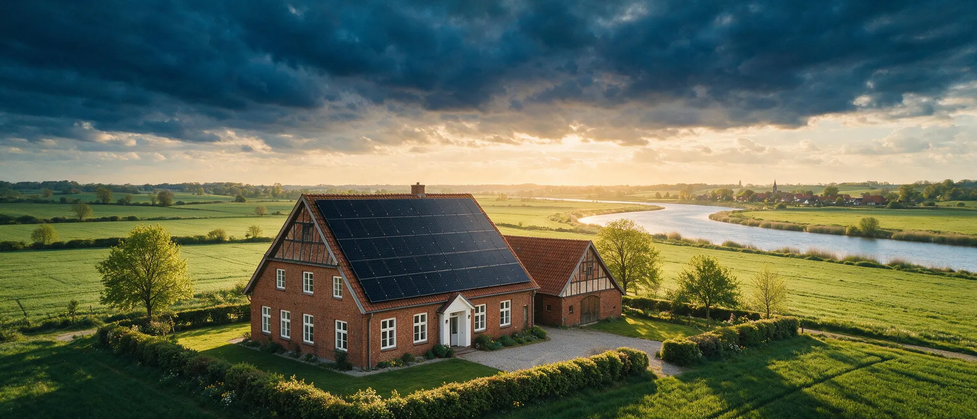 Bauernhaus im Mühlenkreis mit vollflächiger Photovoltaikanlage auf dem Süddach, umgeben von Feldern und der Weser
