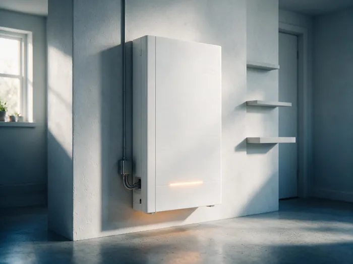 Batteriespeicher als weißer Wandschrank in einem Hauswirtschaftsraum