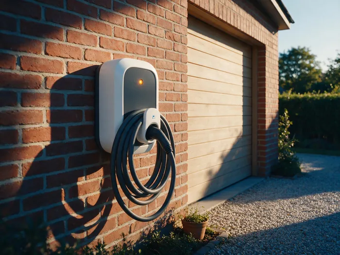 Weiße Wallbox an einer Klinkerwand neben dem Garagentor